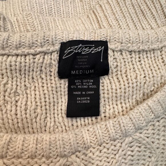 Stussy Knit Sweater Womens Medium Cream Cotton Wool Blend Pearl Detail Vintage - Picture 8 of 8